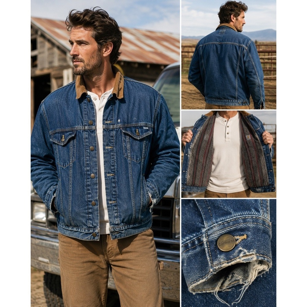 Vintage Carhartt Denim Trucker Jacket Blue Blanket Lined Corduroy Collar Mens